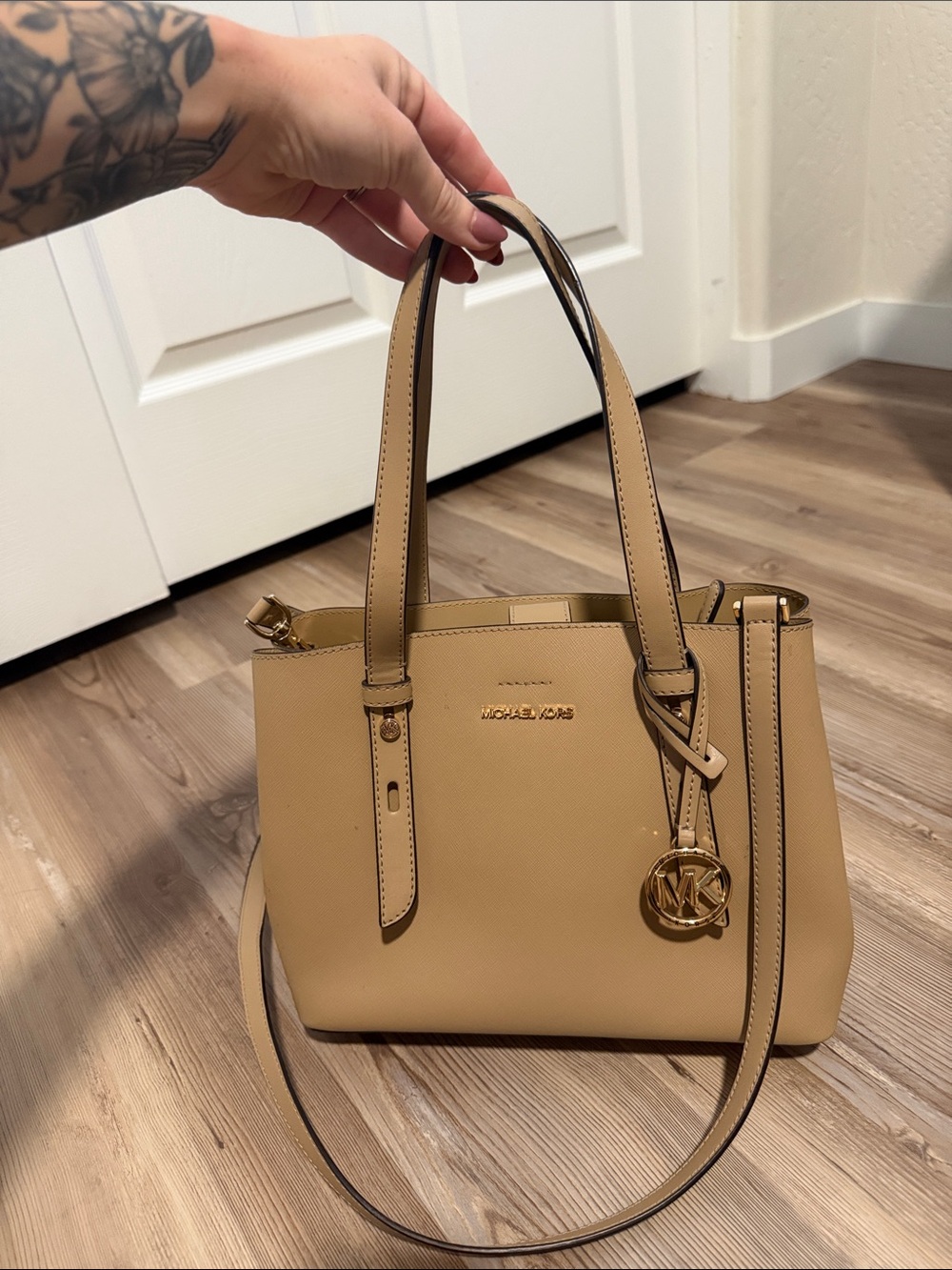 Michael Kors Tan Saffiano Leather Satchel with Gold Hardware